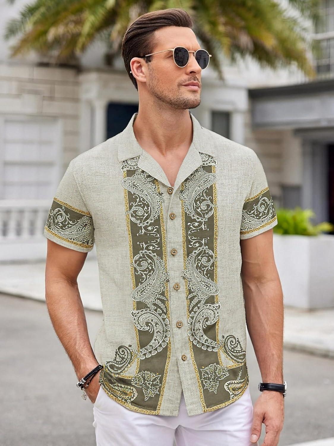 image:imageAlex Vando Mens Linen Blend Short Sleeve Shirt Vintage Printed Beach Button Down Resort Vacation Casual ShirtsKhaki Paisley