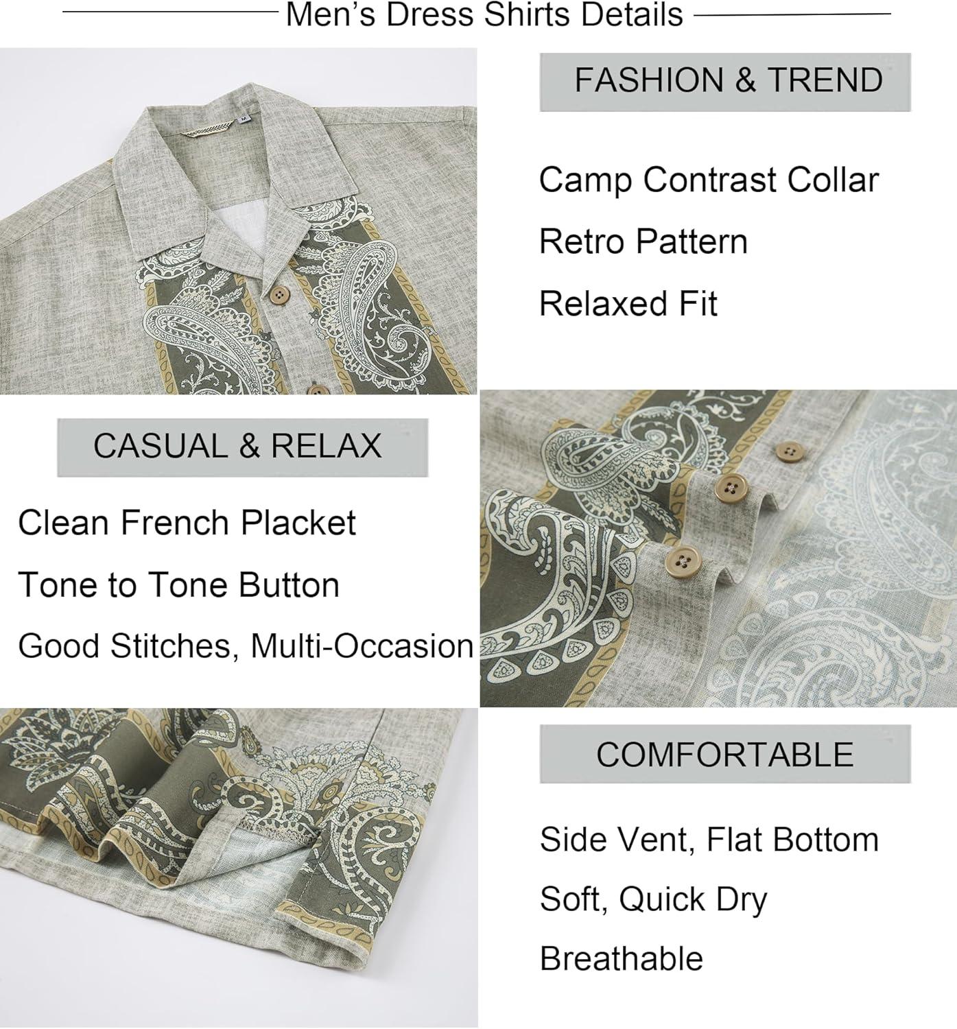 image:imageAlex Vando Mens Linen Blend Short Sleeve Shirt Vintage Printed Beach Button Down Resort Vacation Casual ShirtsKhaki Paisley