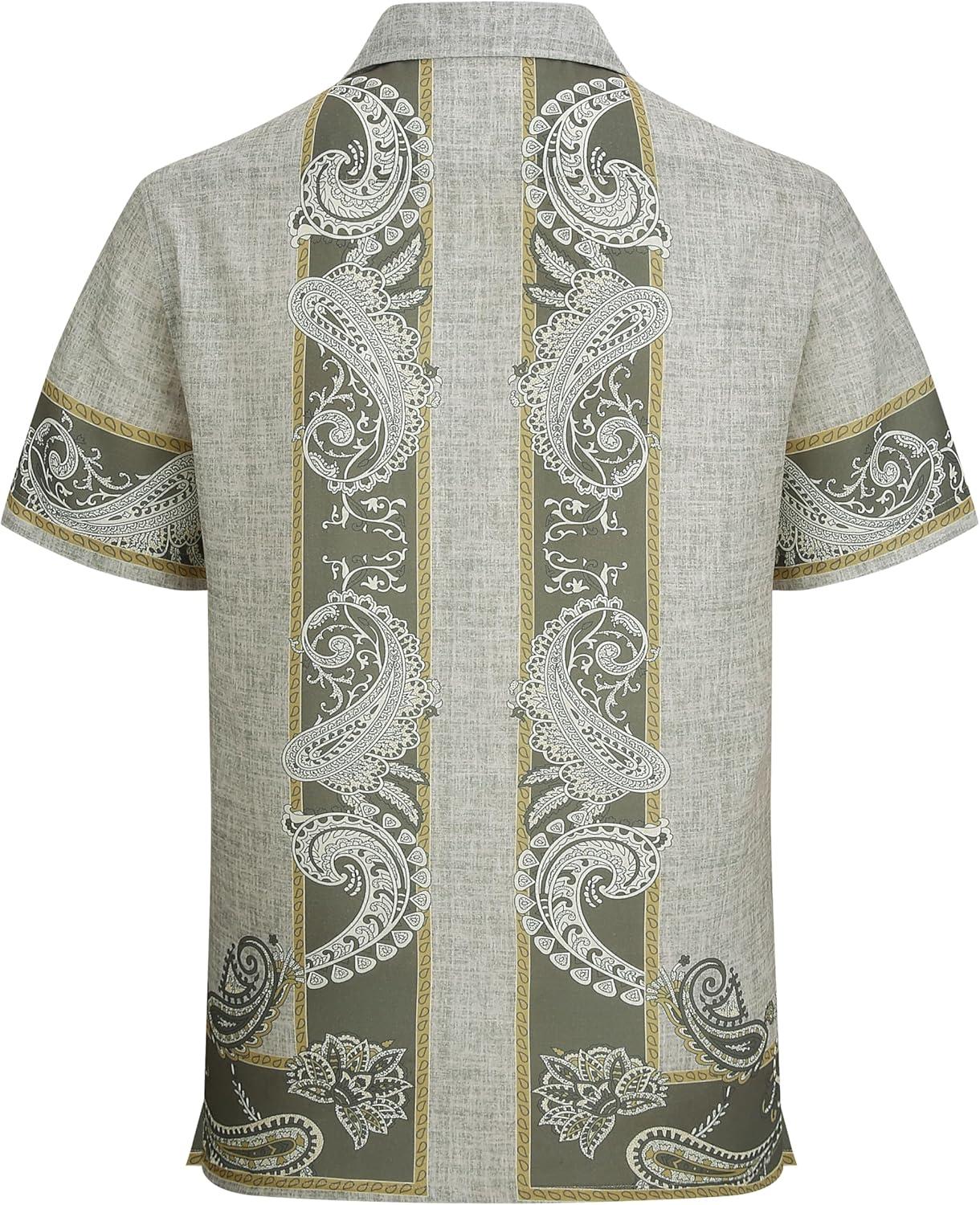 image:imageAlex Vando Mens Linen Blend Short Sleeve Shirt Vintage Printed Beach Button Down Resort Vacation Casual ShirtsKhaki Paisley
