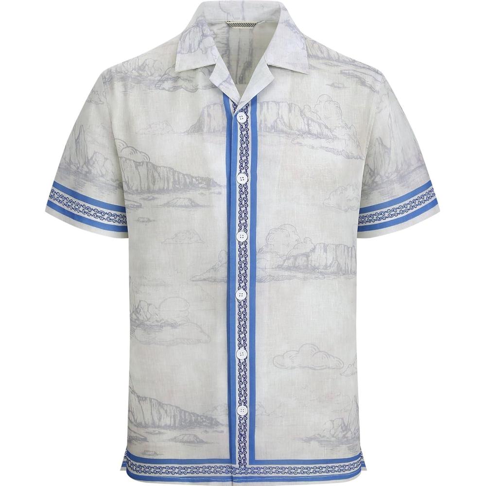 image:imageAlex Vando Mens Linen Blend Short Sleeve Shirt Vintage Printed Beach Button Down Resort Vacation Casual ShirtsBeige Mountain