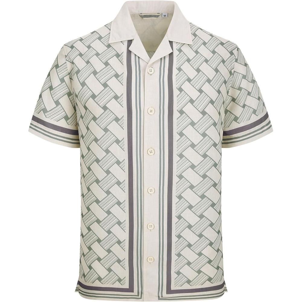 image:imageAlex Vando Mens Linen Blend Short Sleeve Shirt Vintage Printed Beach Button Down Resort Vacation Casual ShirtsBeige Weave