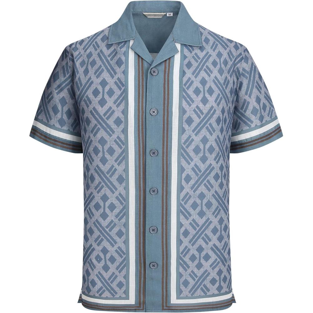 image:imageAlex Vando Mens Linen Blend Short Sleeve Shirt Vintage Printed Beach Button Down Resort Vacation Casual ShirtsBlue Diamond