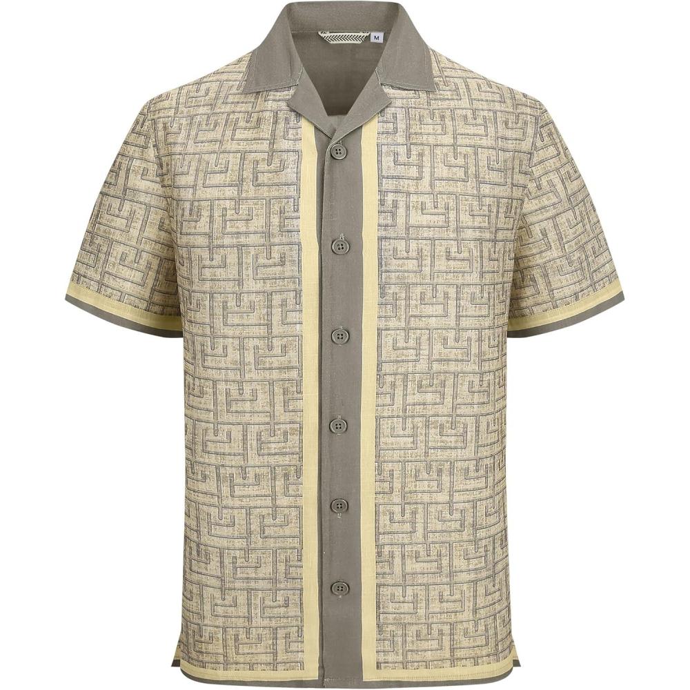 image:imageAlex Vando Mens Linen Blend Short Sleeve Shirt Vintage Printed Beach Button Down Resort Vacation Casual ShirtsKhaki Maze