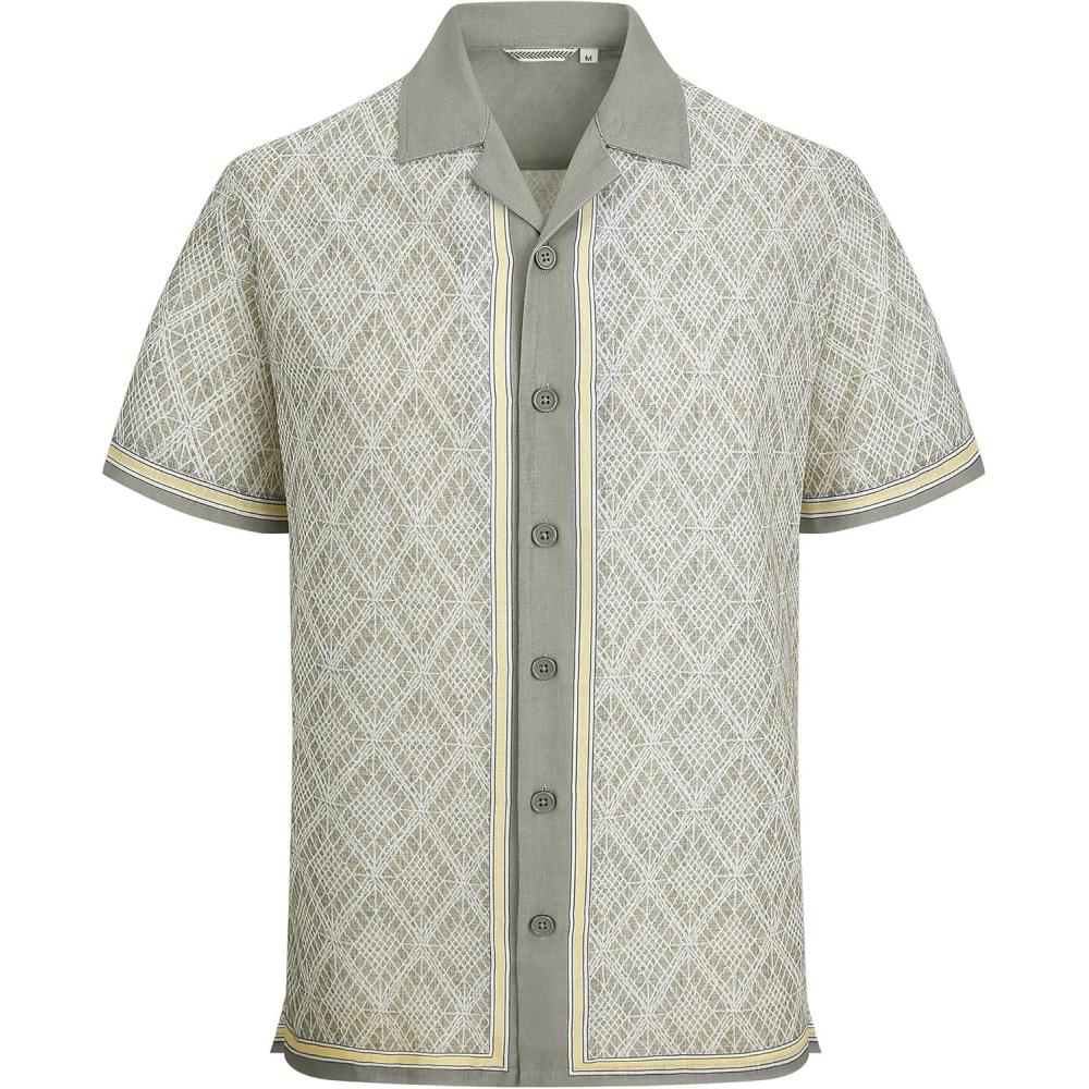 image:imageAlex Vando Mens Linen Blend Short Sleeve Shirt Vintage Printed Beach Button Down Resort Vacation Casual ShirtsKhaki Net
