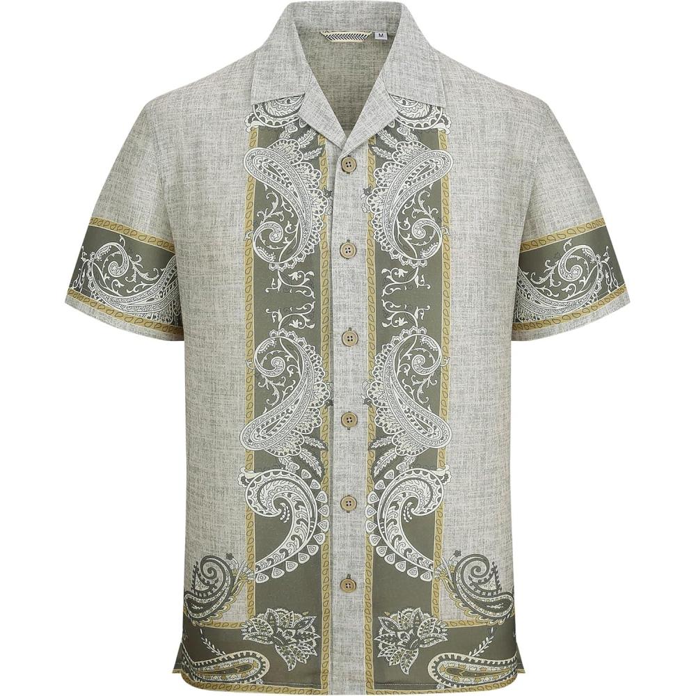 image:imageAlex Vando Mens Linen Blend Short Sleeve Shirt Vintage Printed Beach Button Down Resort Vacation Casual ShirtsKhaki Paisley