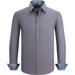 image:imageAlex Vando Mens Cotton Stretch Dress Shirt Regular Fit Fashion Paisley Contrast Button Down ShirtsCharcoal