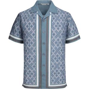 image:imageAlex Vando Mens Linen Blend Short Sleeve Shirt Vintage Printed Beach Button Down Resort Vacation Casual ShirtsBlue Diamond
