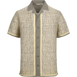 image:imageAlex Vando Mens Linen Blend Short Sleeve Shirt Vintage Printed Beach Button Down Resort Vacation Casual ShirtsKhaki Maze
