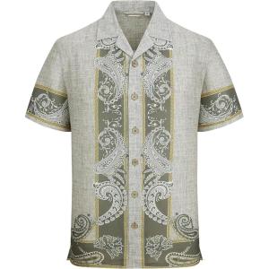 image:imageAlex Vando Mens Linen Blend Short Sleeve Shirt Vintage Printed Beach Button Down Resort Vacation Casual ShirtsKhaki Paisley