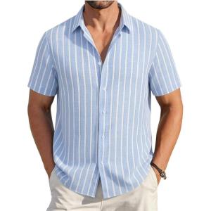 image:imageAlex Vando Mens Linen Short Sleeve Casual Button Down Shirt for Men Beach Wedding ShirtsBlue