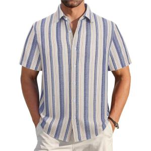 image:imageAlex Vando Mens Linen Short Sleeve Casual Button Down Shirt for Men Beach Wedding ShirtsBlueyellow