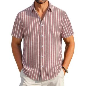 image:imageAlex Vando Mens Linen Short Sleeve Casual Button Down Shirt for Men Beach Wedding ShirtsBurgundy