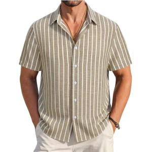 image:imageAlex Vando Mens Linen Short Sleeve Casual Button Down Shirt for Men Beach Wedding ShirtsKhaki