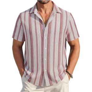 image:imageAlex Vando Mens Linen Short Sleeve Casual Button Down Shirt for Men Beach Wedding ShirtsRedwhite