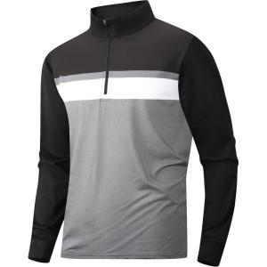 image:imageAlex Vando Mens Long Sleeve Zipper Golf Shirts Color Block Texture Polo Shirt for MenBlack 171