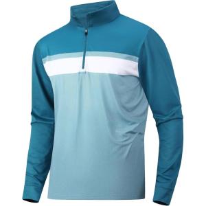 image:imageAlex Vando Mens Long Sleeve Zipper Golf Shirts Color Block Texture Polo Shirt for MenTeal 171