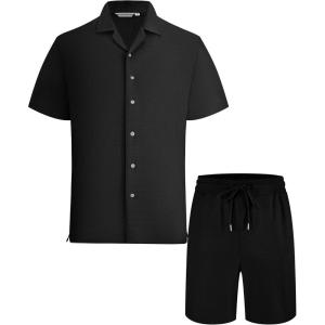 image:imageAlex Vando Mens Waffle Knit 2Piece Set Short Sleeve Camp Collar Shirt amp Drawstring Shorts Casual Summer OutfitBlack