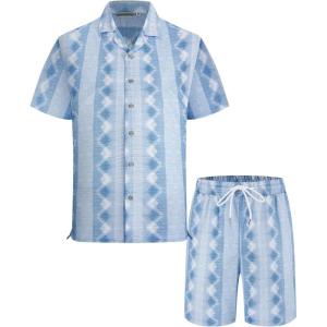 image:imageAlex Vando Mens Waffle Knit 2Piece Set Short Sleeve Camp Collar Shirt amp Drawstring Shorts Casual Summer OutfitBlue Diamond