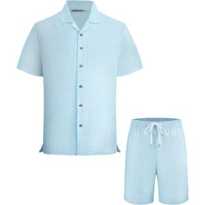 image:imageAlex Vando Mens Waffle Knit 2Piece Set Short Sleeve Camp Collar Shirt amp Drawstring Shorts Casual Summer OutfitBlue Line