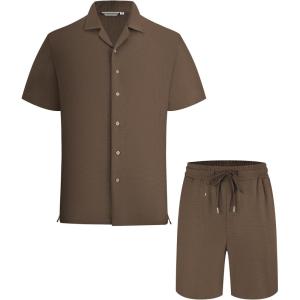 image:imageAlex Vando Mens Waffle Knit 2Piece Set Short Sleeve Camp Collar Shirt amp Drawstring Shorts Casual Summer OutfitBrown