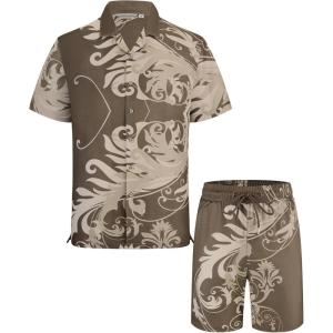 image:imageAlex Vando Mens Waffle Knit 2Piece Set Short Sleeve Camp Collar Shirt amp Drawstring Shorts Casual Summer OutfitBrown Leaf