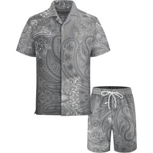 image:imageAlex Vando Mens Waffle Knit 2Piece Set Short Sleeve Camp Collar Shirt amp Drawstring Shorts Casual Summer OutfitGrey Paisley