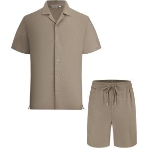 image:imageAlex Vando Mens Waffle Knit 2Piece Set Short Sleeve Camp Collar Shirt amp Drawstring Shorts Casual Summer OutfitKhaki
