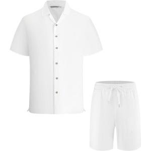 image:imageAlex Vando Mens Waffle Knit 2Piece Set Short Sleeve Camp Collar Shirt amp Drawstring Shorts Casual Summer OutfitWhite