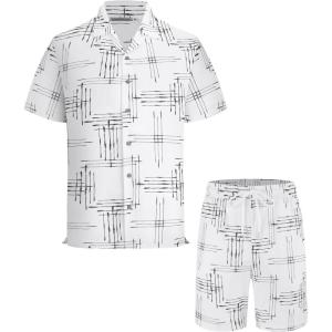image:imageAlex Vando Mens Waffle Knit 2Piece Set Short Sleeve Camp Collar Shirt amp Drawstring Shorts Casual Summer OutfitWhite Line