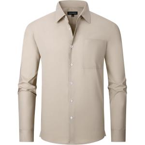 image:imageAlex Vando Mens Oversized Dress Shirts Solid Color Long Sleeve Silky Cotton Boxy Casual ShirtKhaki