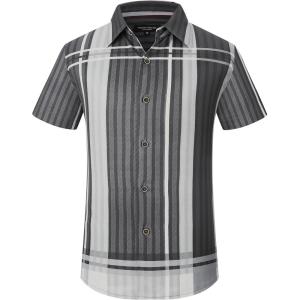 image:imageAlex Vando Boys Button Down Shirts Short Sleeve Wrinkle Free 4Way Stretch Print Casual ShirtBlackGrey