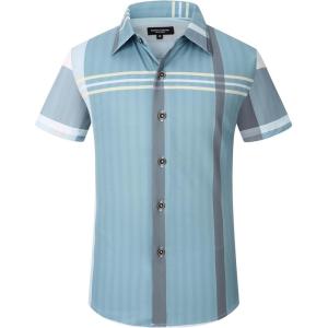 image:imageAlex Vando Boys Button Down Shirts Short Sleeve Wrinkle Free 4Way Stretch Print Casual ShirtBlueGrey