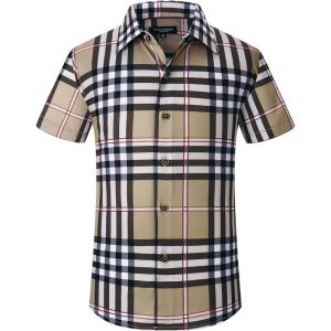 image:imageAlex Vando Boys Button Down Shirts Short Sleeve Wrinkle Free 4Way Stretch Print Casual ShirtBorwnWhite