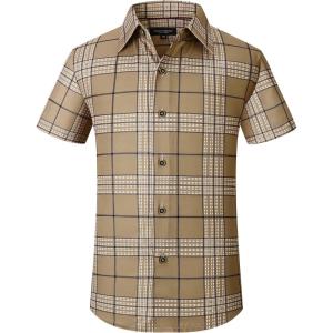 image:imageAlex Vando Boys Button Down Shirts Short Sleeve Wrinkle Free 4Way Stretch Print Casual ShirtKhaki
