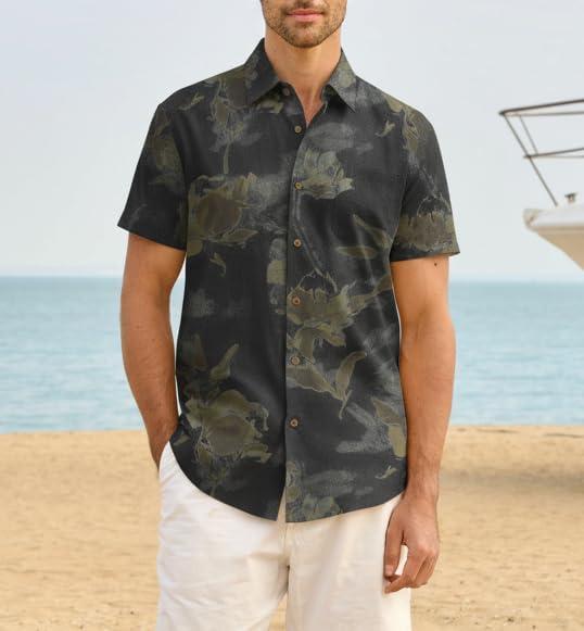 image:imageAlex Vando Mens Linen Blend Short Sleeve Shirt Vintage Printed Beach Button Down Resort Vacation Casual Shirts