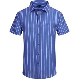 image:imageAlex Vando Mens Button Down Shirts Wrinkle Free 4Way Stretch Short Sleeve Business Casual ShirtBlue Stripe