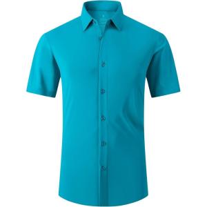 image:imageAlex Vando Mens Button Down Shirts Wrinkle Free 4Way Stretch Short Sleeve Business Casual ShirtTurquoise