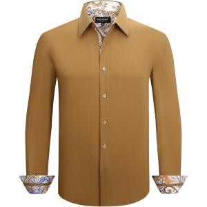 image:imageAlex Vando Mens Cotton Stretch Dress Shirt Regular Fit Fashion Contrast Button Down Business Casual ShirtsKhaki