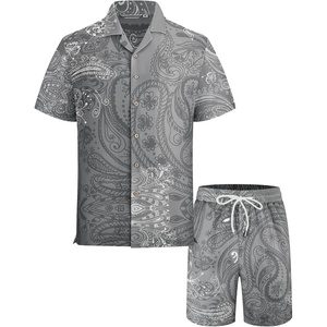 image:imageAlex Vando Mens Short Sleeve 2Piece Outfit Summer Shirt amp Shorts SetsGrey Paisley