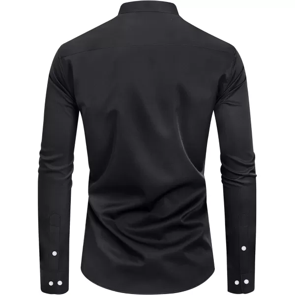 J.VER Mens Banded Collar Dress Shirts Long Sleeve Button Down Mandarin Collar Shirt Solid Stretch Shirt with Pocket