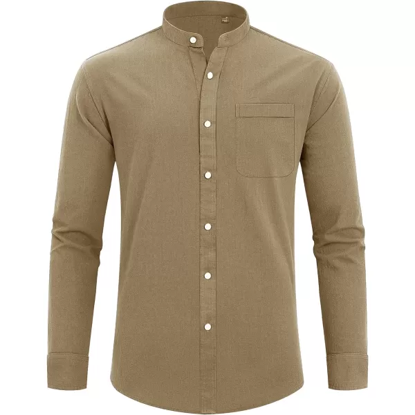 J.VER Men's Cotton Linen Long Sleeve Shirts Casual Button Down Banded Collar Shirt Beach Summer Tops with Pocket