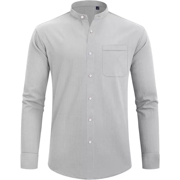 J.VER Men's Cotton Linen Long Sleeve Shirts Casual Button Down Banded Collar Shirt Beach Summer Tops with Pocket