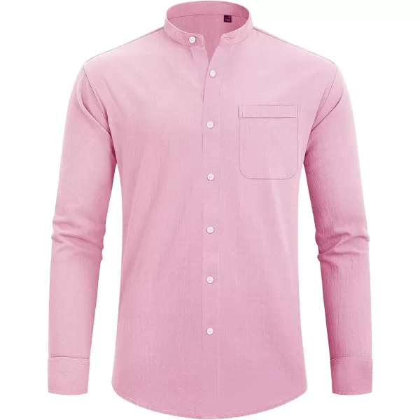 J.VER Men's Cotton Linen Long Sleeve Shirts Casual Button Down Banded Collar Shirt Beach Summer Tops with Pocket