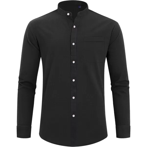 J.VER Men's Cotton Linen Long Sleeve Shirts Casual Button Down Banded Collar Shirt Beach Summer Tops with Pocket