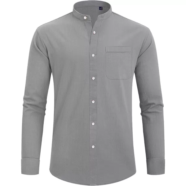 J.VER Men's Cotton Linen Long Sleeve Shirts Casual Button Down Banded Collar Shirt Beach Summer Tops with Pocket