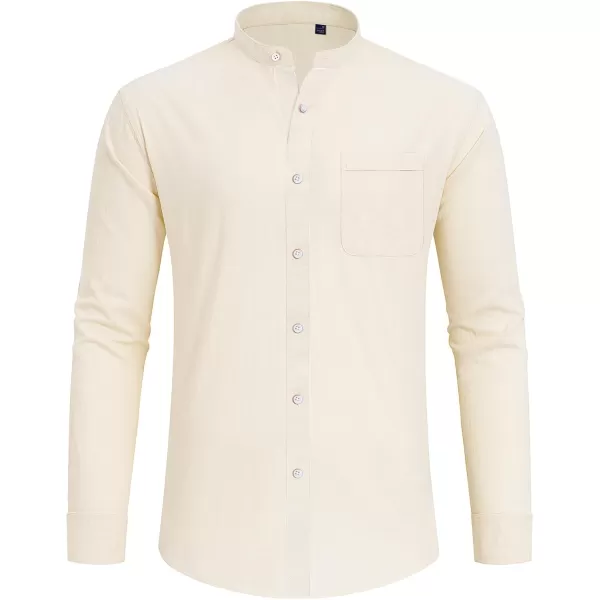 J.VER Men's Cotton Linen Long Sleeve Shirts Casual Button Down Banded Collar Shirt Beach Summer Tops with Pocket