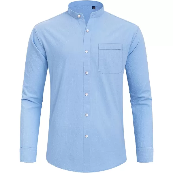 J.VER Men's Cotton Linen Long Sleeve Shirts Casual Button Down Banded Collar Shirt Beach Summer Tops with Pocket