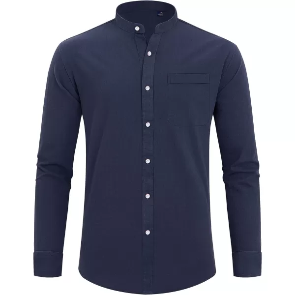 J.VER Men's Cotton Linen Long Sleeve Shirts Casual Button Down Banded Collar Shirt Beach Summer Tops with Pocket