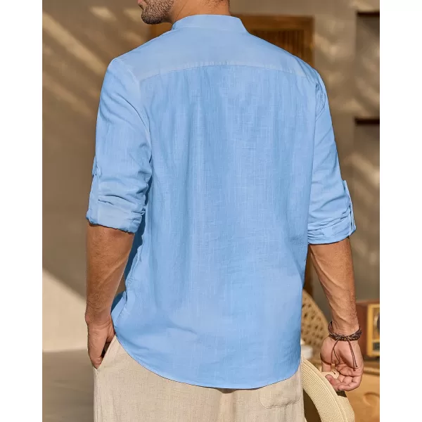J.VER Men's Linen Roll Up Long Sleeve Shirt Cotton Casual Beach Shirts Henley T-Shirt Band Collar Vacation Tops with Pocket
