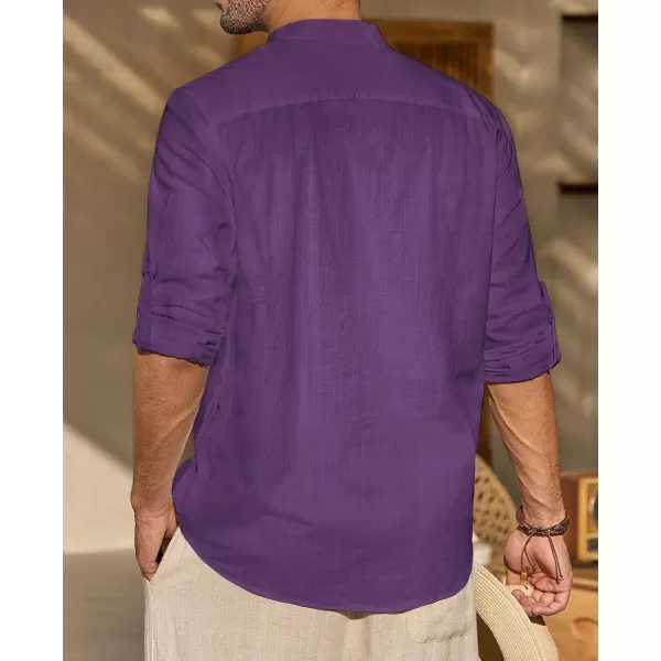 J.VER Men's Linen Roll Up Long Sleeve Shirt Cotton Casual Beach Shirts Henley T-Shirt Band Collar Vacation Tops with Pocket